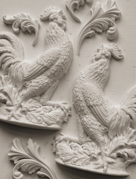 Two rooster reliefs for I.O.D. Chanticleer Mould, suitable for French country decor or craft projects.