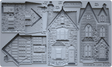 IOD Charlbury Lane Mould with textured house parts—walls, roofs, doors, windows—all labeled with measurements.