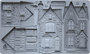 IOD Charlbury Lane Mould with textured house parts—walls, roofs, doors, windows—all labeled with measurements.