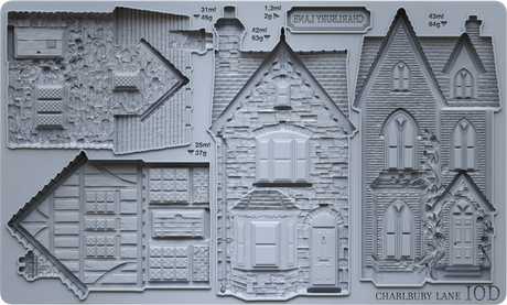 IOD Charlbury Lane Mould with textured house parts—walls, roofs, doors, windows—all labeled with measurements.