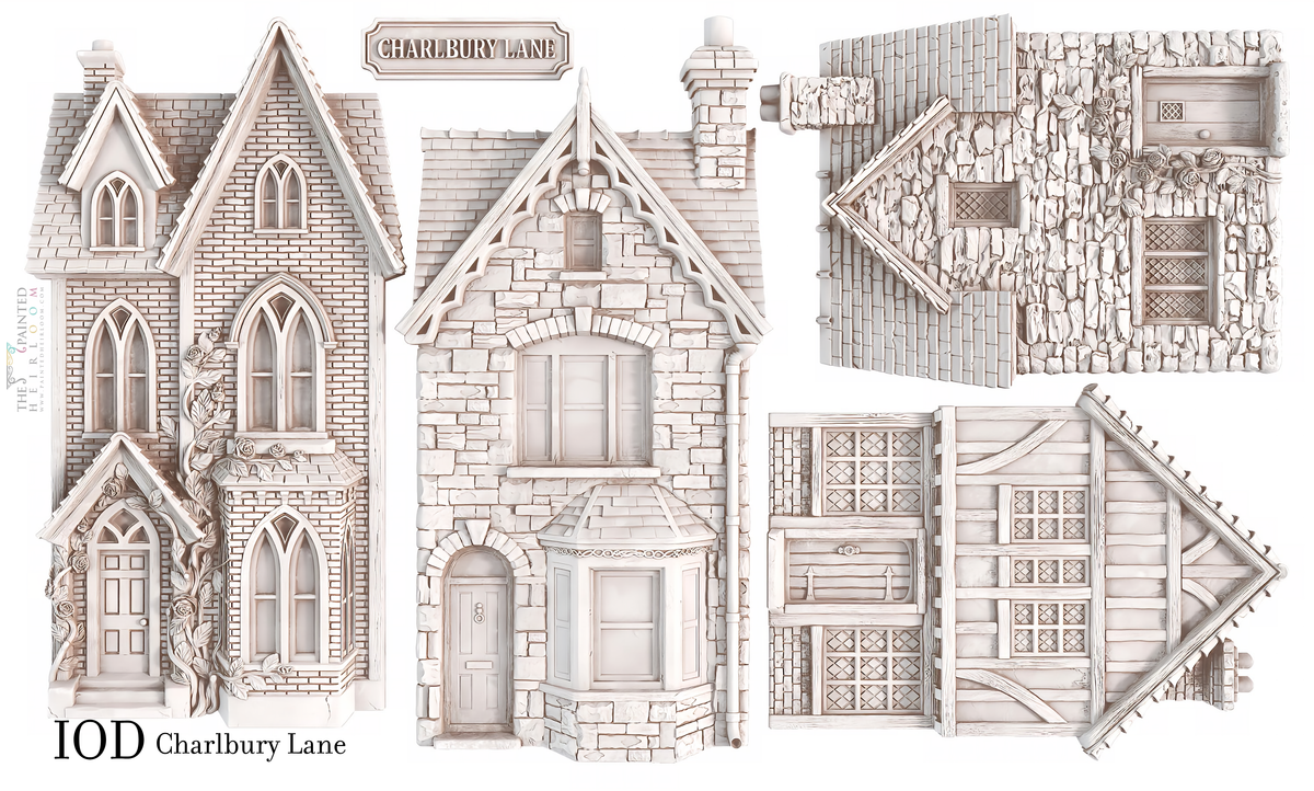 Six I.O.D. Charlbury Lane Mould illustrated facades and rooftops for English cottage themed crafts.