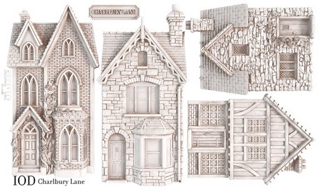 Six I.O.D. Charlbury Lane Mould illustrated facades and rooftops for English cottage themed crafts.