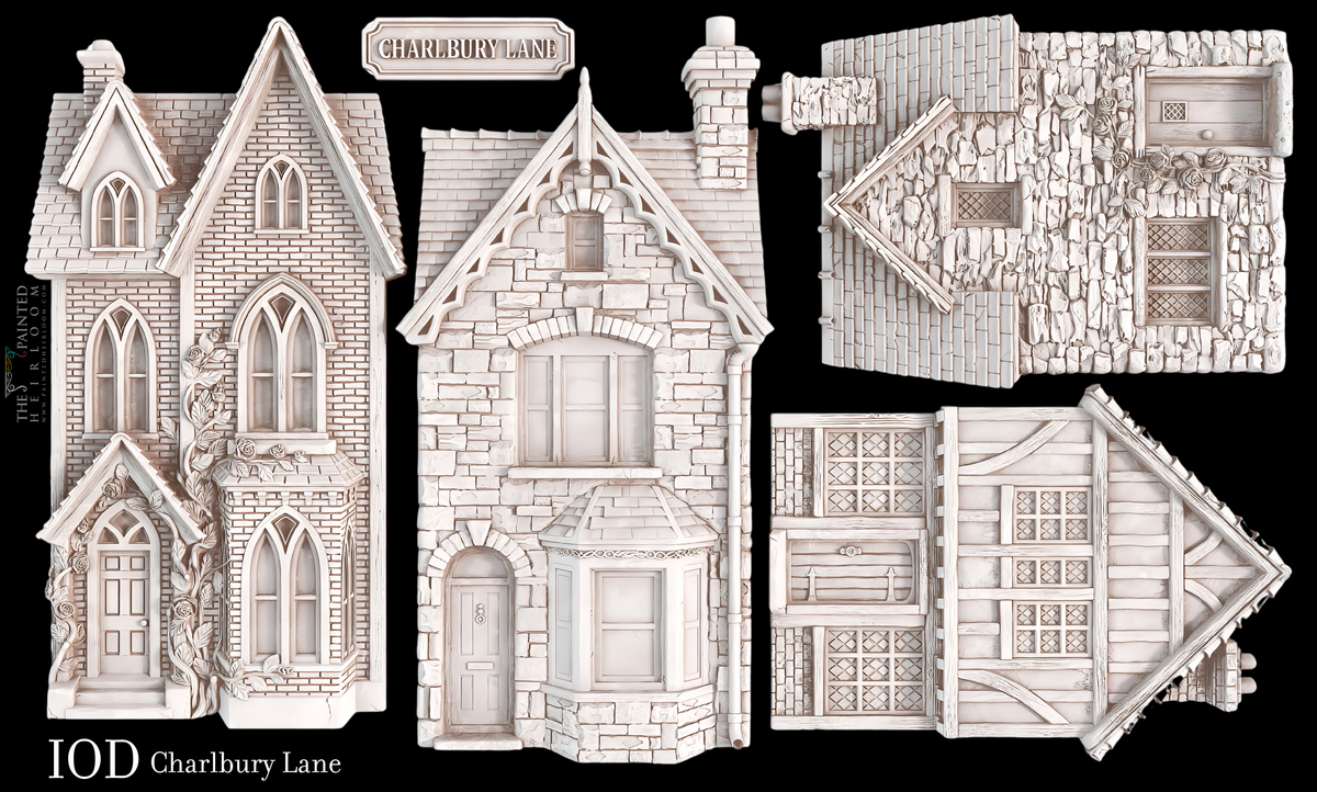 Four Charlbury Lane house illustrations by Iron Orchid Designs featuring black background.