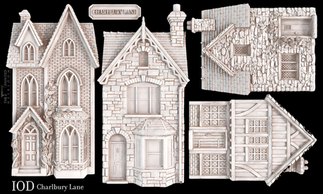 Four Charlbury Lane house illustrations by Iron Orchid Designs featuring black background.