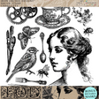 Collage of vintage motifs using I.O.D. Charlotte Stamp: profile, teacup, gears, butterfly designs.