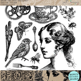 Collage of vintage motifs using I.O.D. Charlotte Stamp: profile, teacup, gears, butterfly designs.