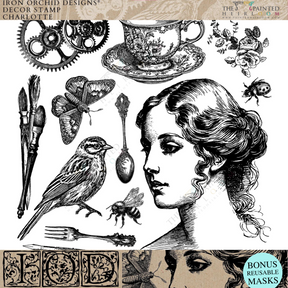 Collage of vintage motifs using I.O.D. Charlotte Stamp: profile, teacup, gears, butterfly designs.