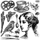 Vintage collage of face, gears, and flowers created with Charlotte Stamp by I.O.D. (Iron Orchid Designs).
