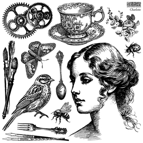 Vintage collage of face, gears, and flowers created with Charlotte Stamp by I.O.D. (Iron Orchid Designs).