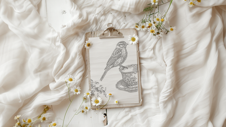 Clipboard featuring I.O.D. Charlotte bird stamp on white floral fabric.