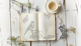 Open sketchbook showing bird, butterfly, and teacup art made with Charlotte Stamp by I.O.D., next to wildflowers.