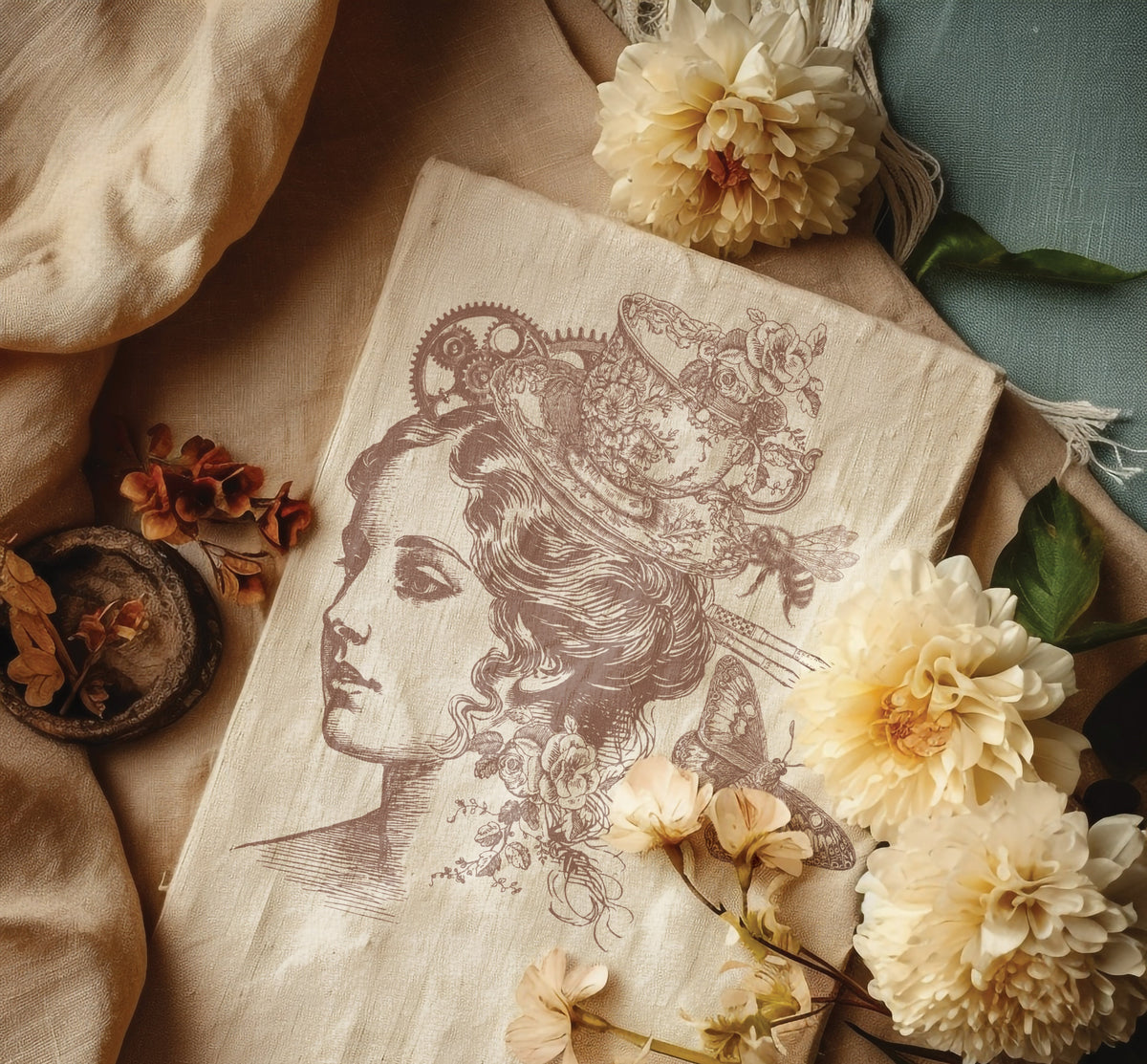 Woman’s profile, teacups, and dahlias vintage sketch made with I.O.D. Charlotte Stamp by Iron Orchid Designs.