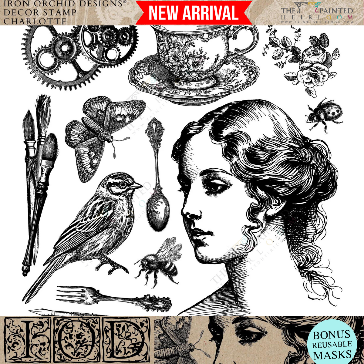 Collage featuring woman, bird, and gears made with Charlotte Stamp by I.O.D.