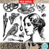 Collage featuring woman, bird, and gears made with Charlotte Stamp by I.O.D.