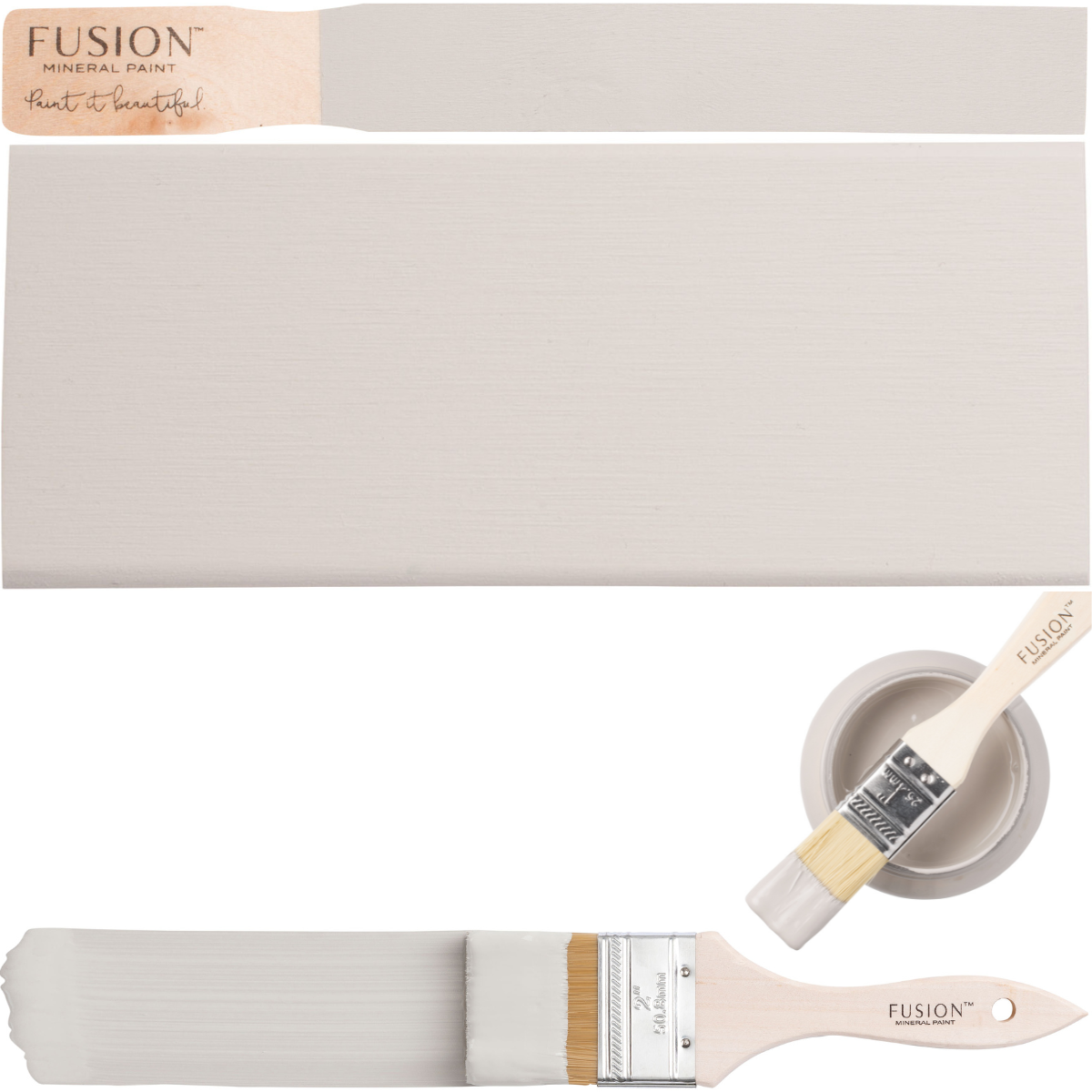 Chateau Fusion Mineral Paint in warm neutral grey shown as swatch, open container, and wood stick.