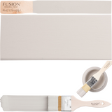 Chateau Fusion Mineral Paint in warm neutral grey shown as swatch, open container, and wood stick.