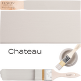 Chateau Fusion Mineral Paint, warm neutral grey, shown on brushes, a board, and in an open container.
