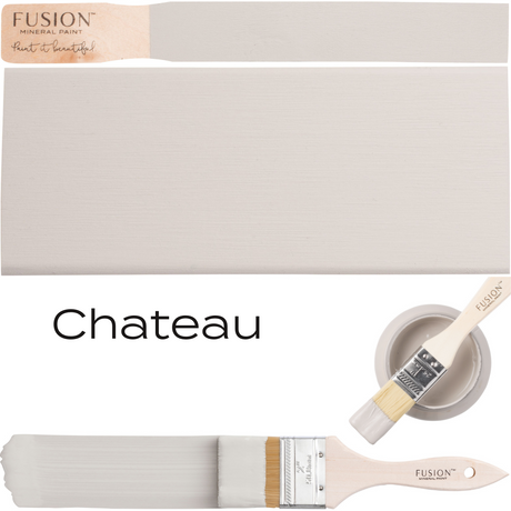 Chateau Fusion Mineral Paint, warm neutral grey, shown on brushes, a board, and in an open container.