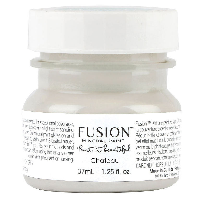 37mL Chateau Fusion Mineral Paint in warm neutral grey with white cap and labeled instructions by Fusion Mineral Paint.