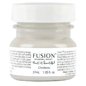 37mL Chateau Fusion Mineral Paint in warm neutral grey with white cap and labeled instructions by Fusion Mineral Paint.