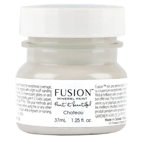 37mL Chateau Fusion Mineral Paint in warm neutral grey with white cap and labeled instructions by Fusion Mineral Paint.