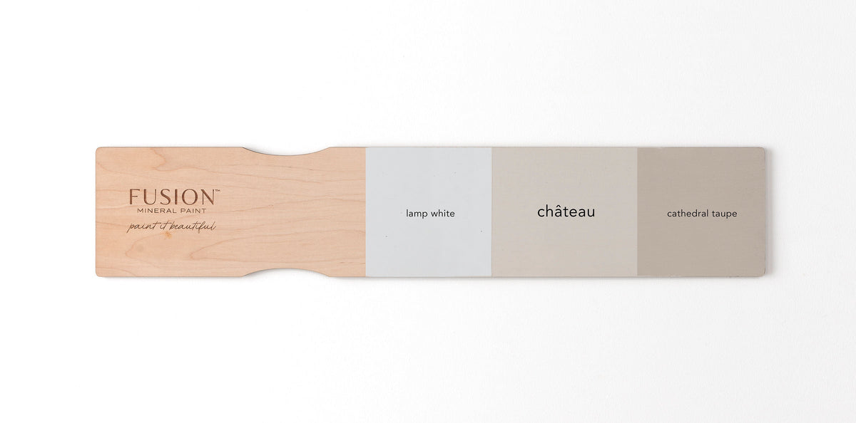 Paint sample board with Lamp White, Chateau Fusion Mineral Paint (warm neutral grey), and Cathedral Taupe swatches.