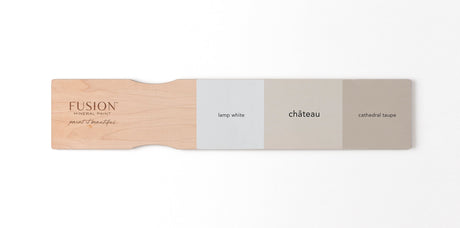 Paint sample board with Lamp White, Chateau Fusion Mineral Paint (warm neutral grey), and Cathedral Taupe swatches.