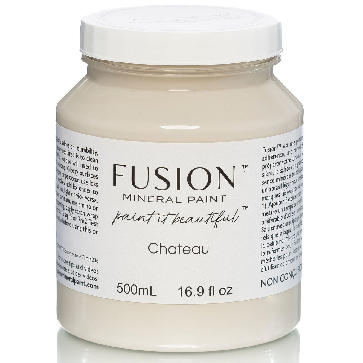 Fusion Mineral Paint 500 mL jar, Chateau (warm neutral grey), white lid, labeled 16.9 fl oz.