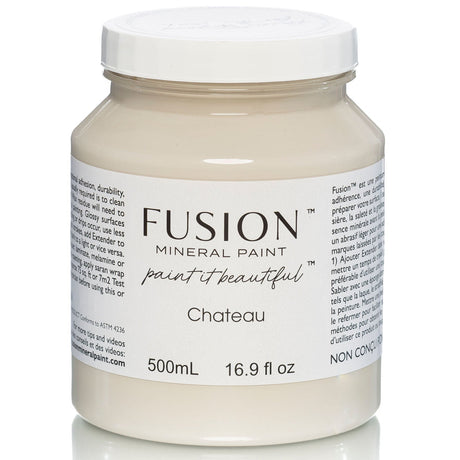 Fusion Mineral Paint 500 mL jar, Chateau (warm neutral grey), white lid, labeled 16.9 fl oz.