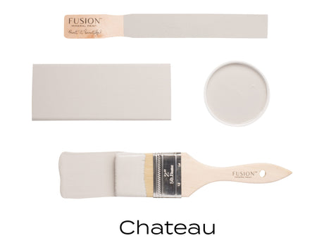 Chateau Fusion Mineral Paint, warm neutral grey, displayed on brush, stick, color card, and can lid.