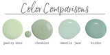 Four green Old Fashioned Milk Paint swatches in Cheshire and Birdie shades.