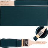 Chestler Fusion Mineral Paint can, matte swatches, and paintbrush arranged together on a white surface.