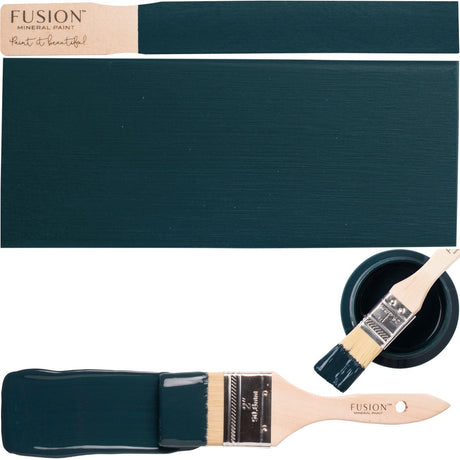Chestler Fusion Mineral Paint can, matte swatches, and paintbrush arranged together on a white surface.