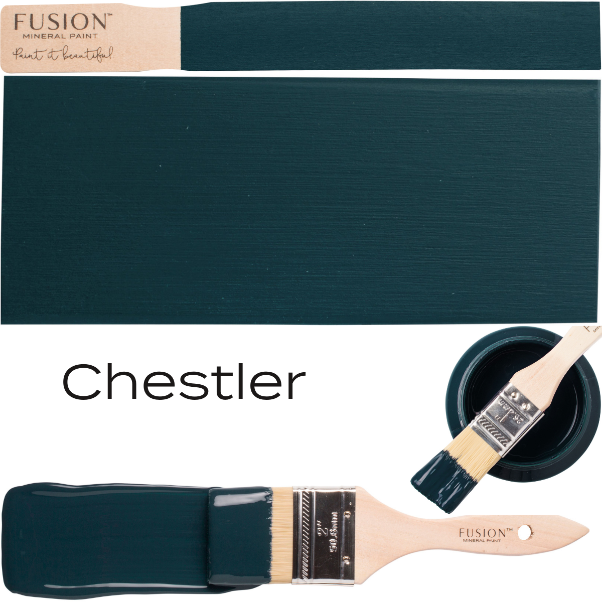 Fusion Mineral Paint Chestler matte acrylic in can and on wood sample. Brand: Fusion Mineral Paint.