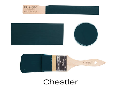 Chestler Fusion Mineral Paint samples, matte finish, labeled swatches by Fusion Mineral Paint.