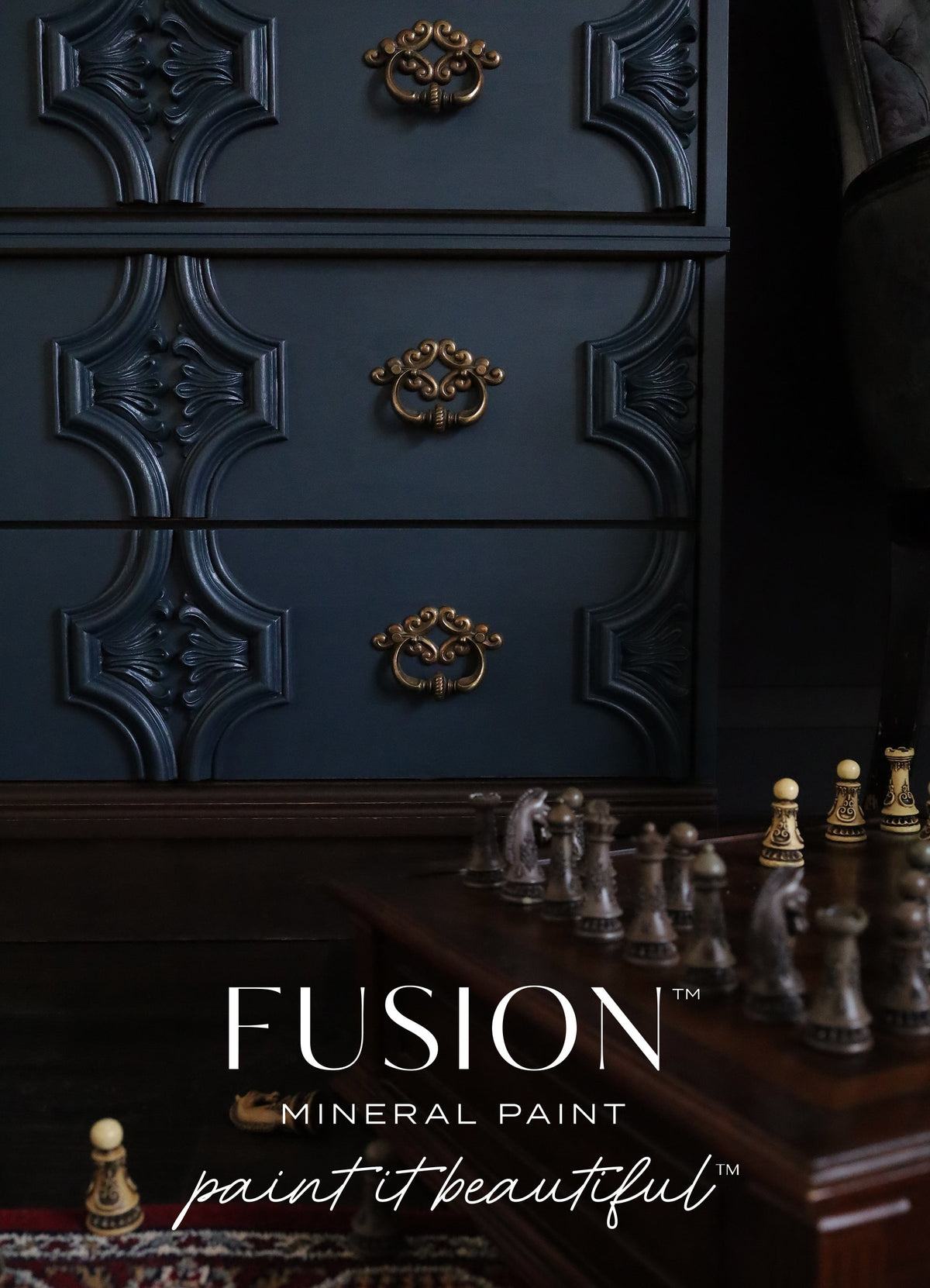 Chestler Fusion Mineral Paint dresser with matte finish, shown beside a chessboard; branded text overlay present.