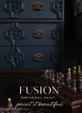 Chestler Fusion Mineral Paint dresser with matte finish, shown beside a chessboard; branded text overlay present.
