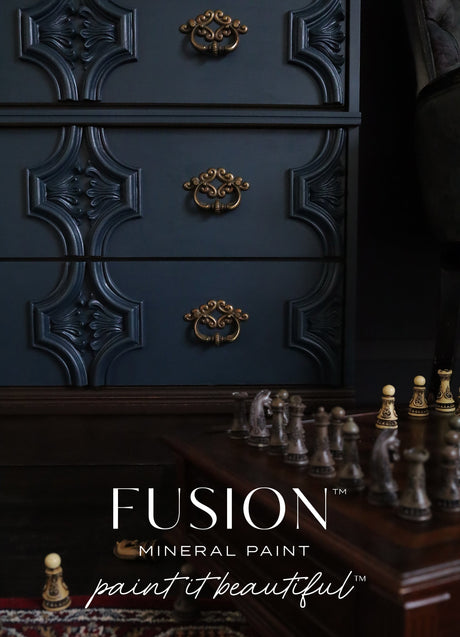 Chestler Fusion Mineral Paint dresser with matte finish, shown beside a chessboard; branded text overlay present.