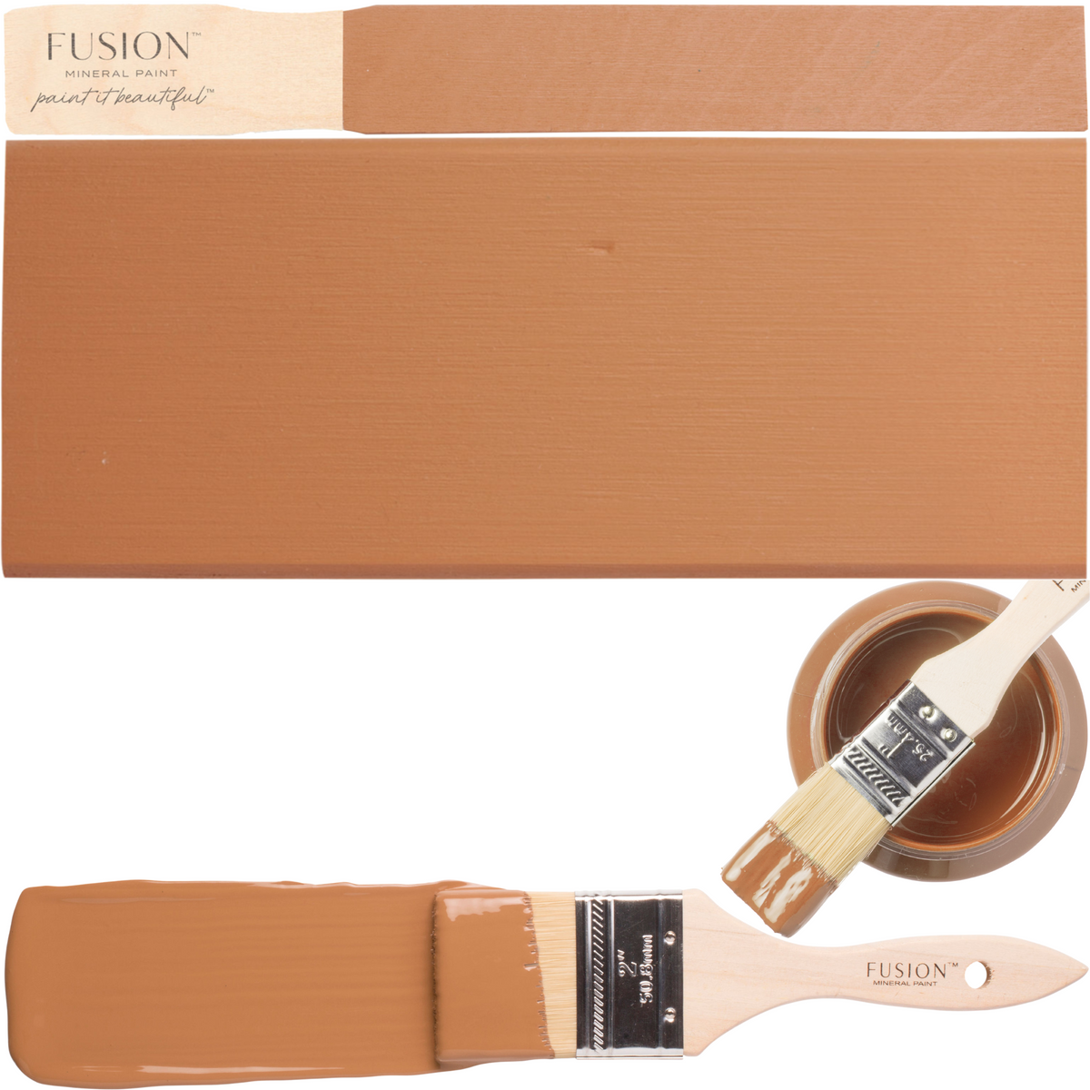 Chestnut Mare Fusion Mineral Paint on rectangular wood, with brush and open Fusion can nearby.