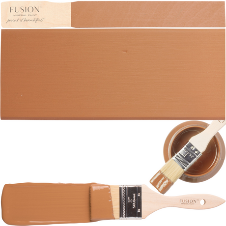 Chestnut Mare Fusion Mineral Paint on rectangular wood, with brush and open Fusion can nearby.