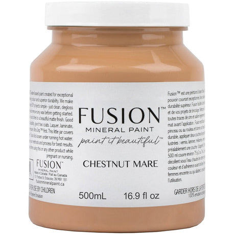 500mL jar of Chestnut Mare Fusion Mineral Paint with product info and instructions on the label.