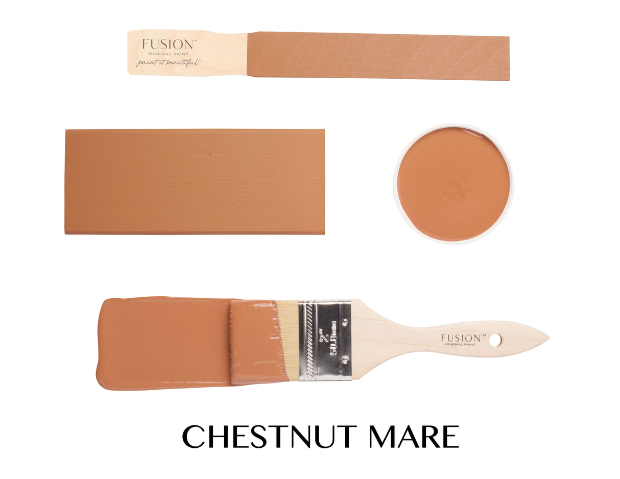 Fusion Mineral Paint Chestnut Mare acrylic with paintbrushes and color swatches on a white surface.