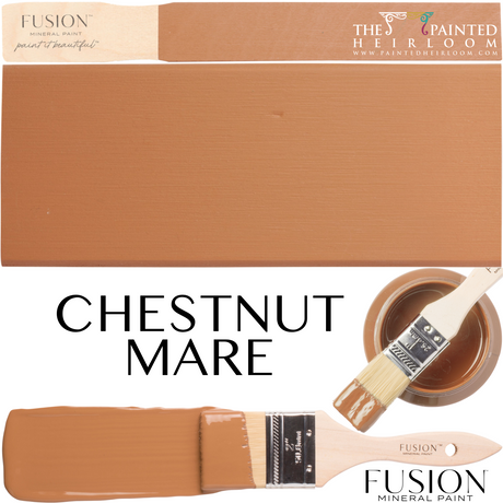 Chestnut Mare Fusion Mineral Paint on brush, swatch, and in Fusion Mineral Paint can.