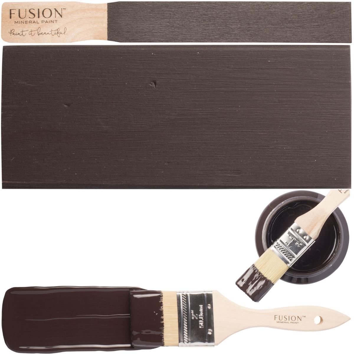 Chocolate Fusion Mineral Paint shown with brush, swatch, and cup on a white background.
