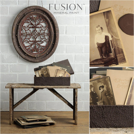 Textured box and envelopes with ornate art displayed on rustic bench next to Chocolate Fusion Mineral Paint.