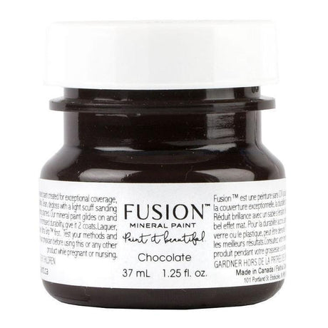37 mL jar of Chocolate Fusion Mineral Paint with white lid and labeled front.