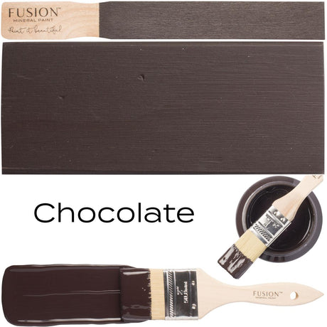 Fusion Mineral Paint Chocolate all-in-one acrylic furniture paint with swatch, brush, and can in dark brown.