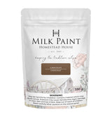 330g Homestead House Chocolate Milk Paint bag featuring a rustic barn illustration on the label.