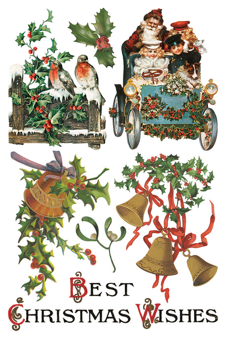 Vintage Christmas collage with birds, holly, children in car, and I.O.D. Christmas Joy Transfer (2025 Limited Release).