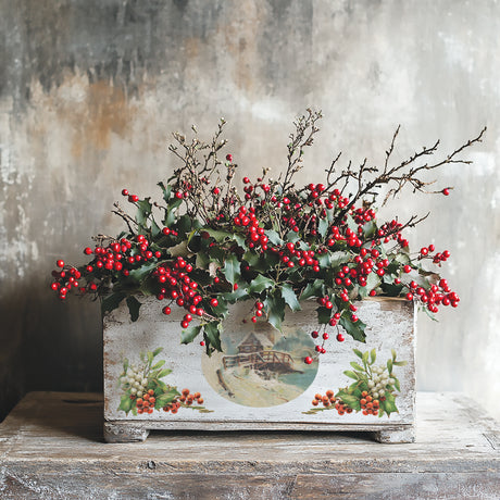 Wooden box decorated with holly, berries, and IOD Christmas Joy Transfer (2025) by I.O.D.